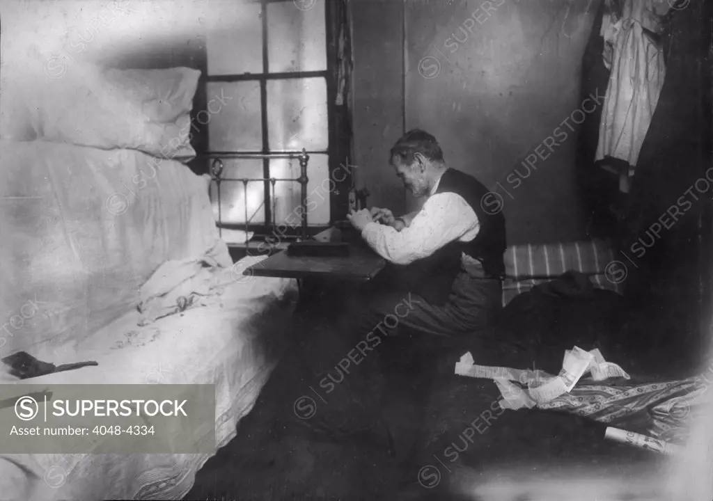 Mr. Rothenberg stitching neckties in small inner bedroom, New York City, photograph by Lewis Wickes Hine, February, 1912