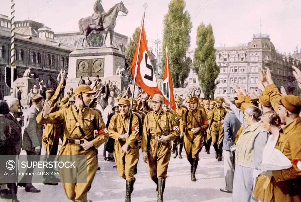 Nazi Germany, German Nazi activist Horst Wessel marching at the head of his storm troopers in Nuremberg, 1929.