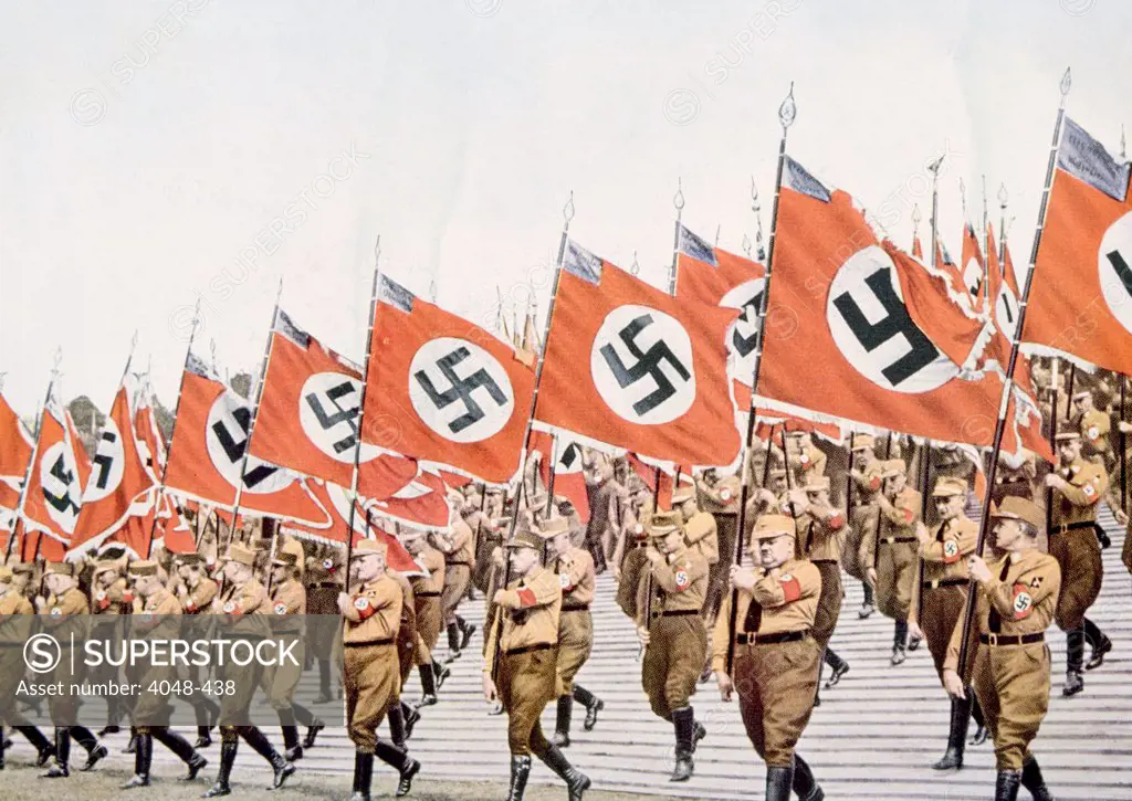 Nazi Germany, Entrance of the Nazi flagbearers at the Party Day rally in Nuremberg, 1933.