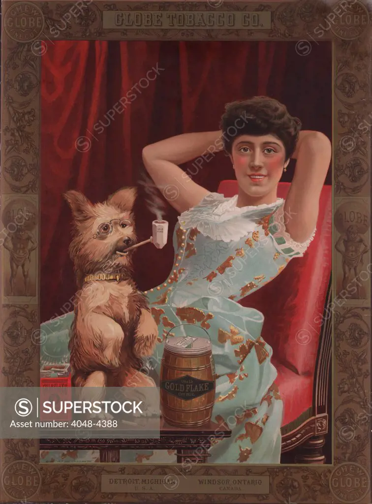 Smoking dog in advertisement for Globe Tobacco Company, Gold Flake Cut Plug chewing tobacco, showing a young woman lounging as a dog wearing glasses smokes a pipe. On the table are a box and a tin of Gold Flake Cut Plug chewing tobacco, 1885