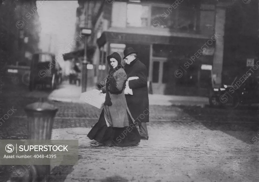 Woman carrying flowers home, West Houston Street, original caption: 'A short time ago she told me they were not going to make flowers any more', New York, photograph by Lewis Wickes Hine, February, 1912