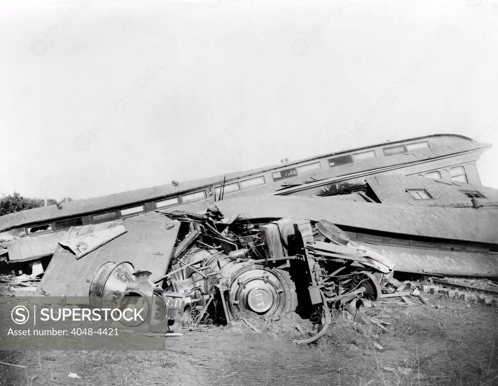 View of the great railroad wreck, Chatsworth horror, Engine 13 and Mr. Armstrong's private car, August 11, 1887