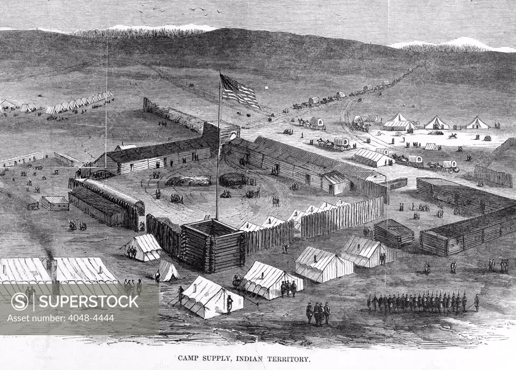 Camp Supply, Indian territory. Military stockade near Beaver River and Wolf Creek (north fork of Canadian River), Utah. Engraving in Harper's Weekly, 1869