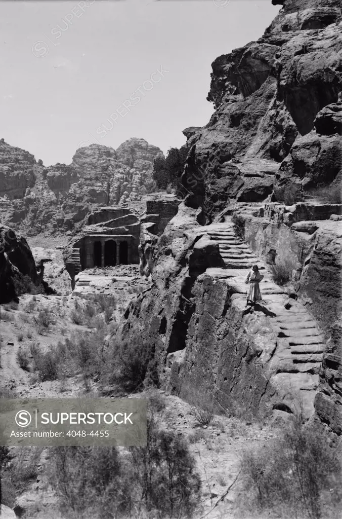 Mount Sinai, Trans-Jordan. Petra, stairway to the great high place and funeral chapel, circa 1898-1946