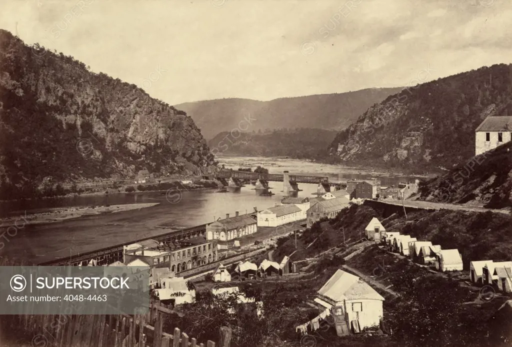 Harper's Ferry. Photograph shows what was left of the armory at Harpers Ferry, West Virginia, at the confluence of the Shenandoah and Potomac rivers. albumen print by Alexander Gardener, 1865