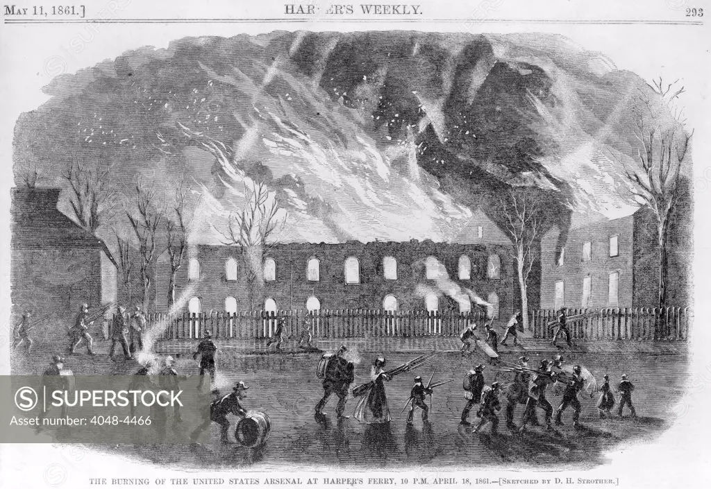 Harper's Ferry. The burning of the United States arsenal at Harper's Ferry, 10 P.M. April 18, 1861. sketched by D.H. Strother. Woodcut, ca 1861
