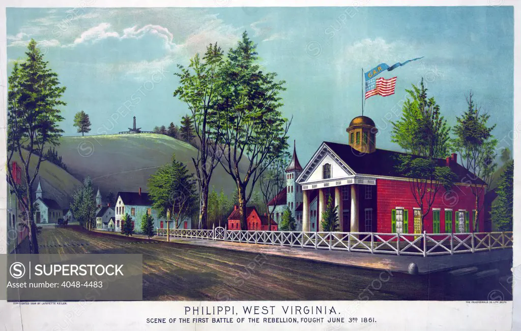 The Civil War. Philippi, West Virginia, scene of the first battle of the rebellion, fought June 3rd 1861. Color lithograph, 1896