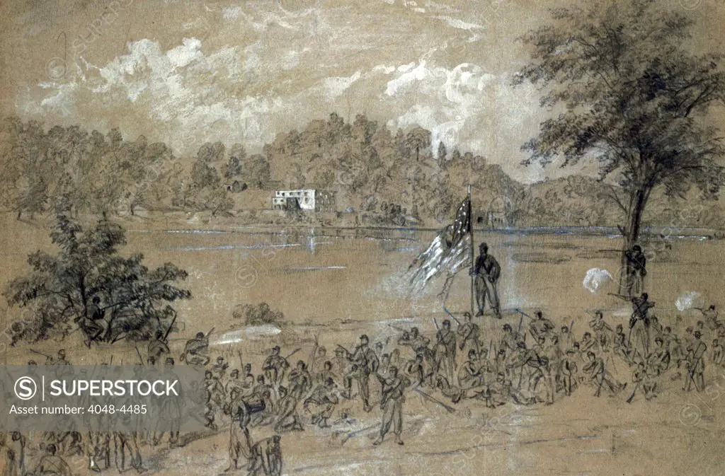 The Civil War. The battle of Shepherdstown, West Virginia. Ford near Shepherdstown, on the Potomac. Pickets firing across the river. September, 1862. Drawing by Alfred Waud. 1862