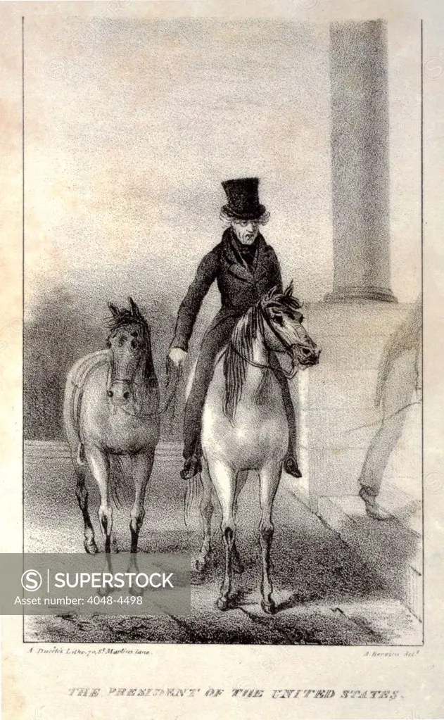 The president of the United States. Andrew Jackson, on horseback with another horse in tow, arriving at the White House, lithograph ca. 1829