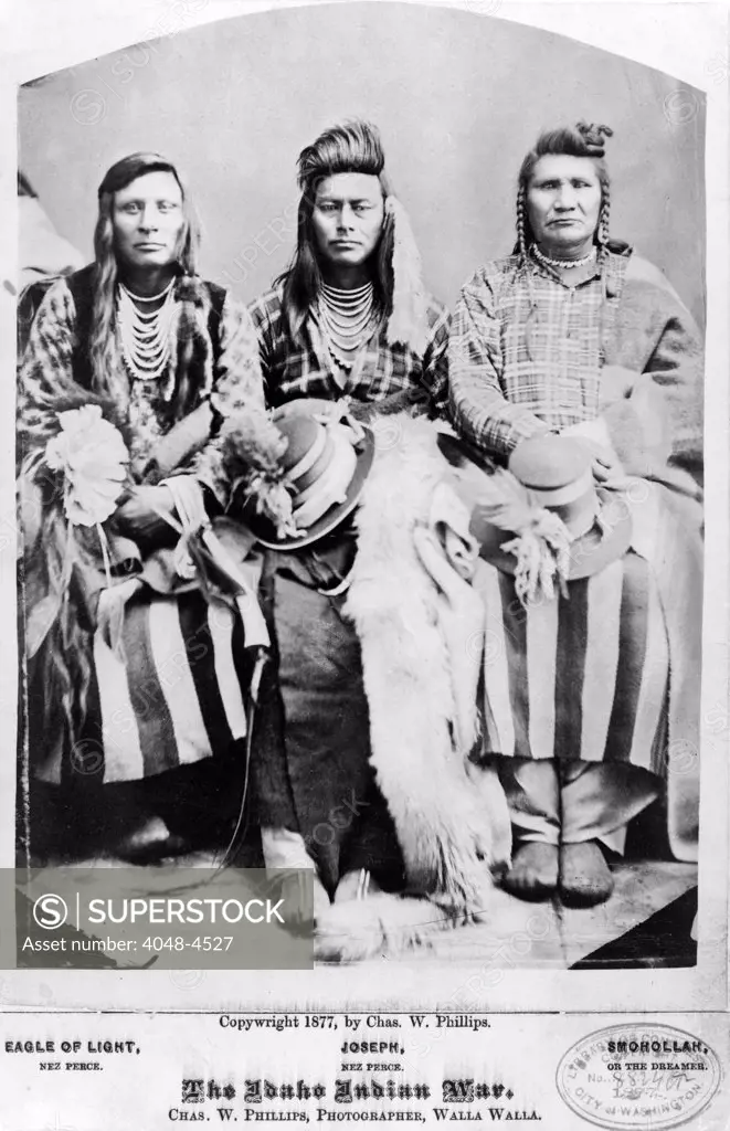 The Idaho Indian war. Eagle of Light, Nez Perce; Joseph, Nez Perce; and (Smohollah). Cabinet Card, 1877