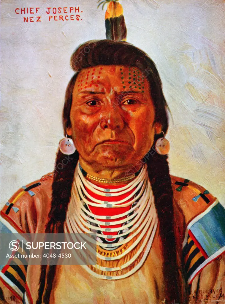 Chief Joseph, Nez Percé chief, head-and-shoulders portrait, facing front / E.A. Burbank, Nespelem, Wash, color halftone ca. 1897