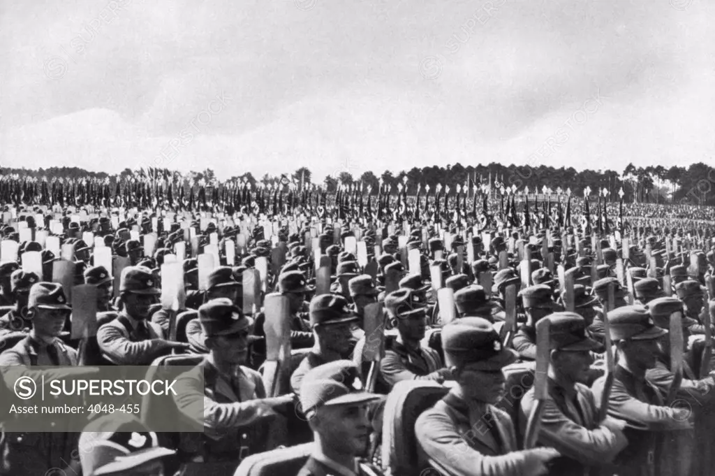 Nazi Germany, German Labor Service soldiers at the Reichs Party Day rally, 1935.