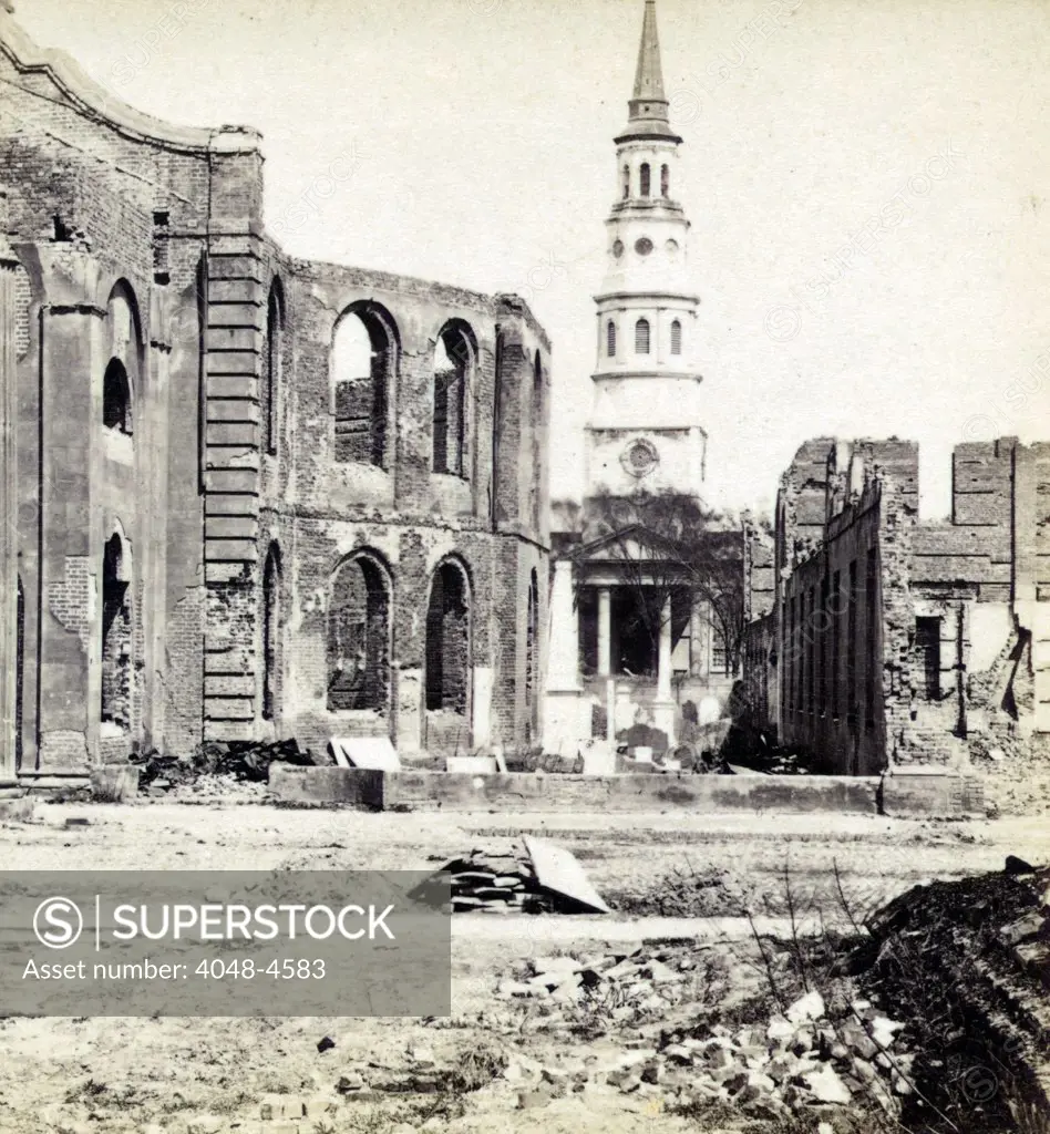 Circular Church, left, St. Philip's Church, center, and Secession Hall, right, in Charleston, South Carolina. Charleston, South Carolina, stereocard 1865