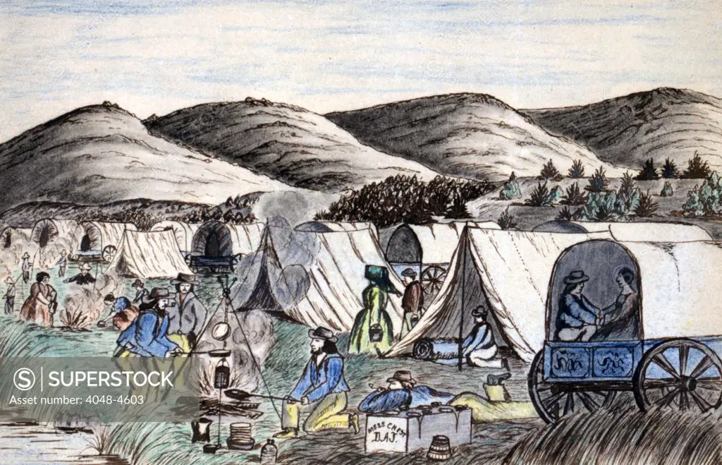 Wagon Train to the West. A wagon train of settlers camps on the Hymboldt River, Nevada Territory. Daniel Jenks, color drawing, 1859
