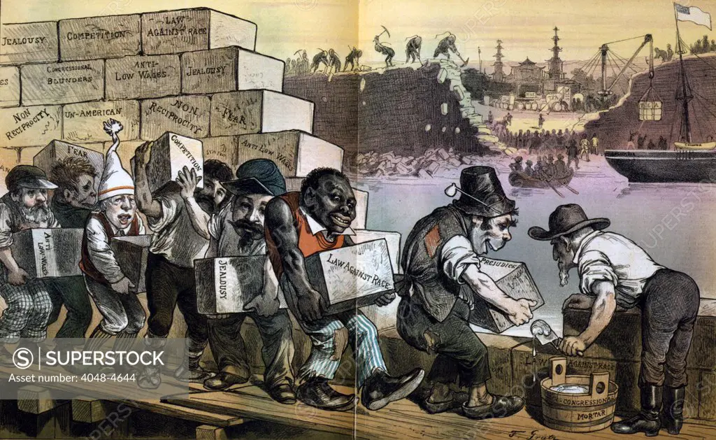 The anti-Chinese wall--The American wall goes up as the Chinese original goes down. Laborers, (Irishmen, a Negro, a Civil War veteran, Italian, Frenchman, and a Jew, building a wall against the Chinese.  chromolithograph, 1882