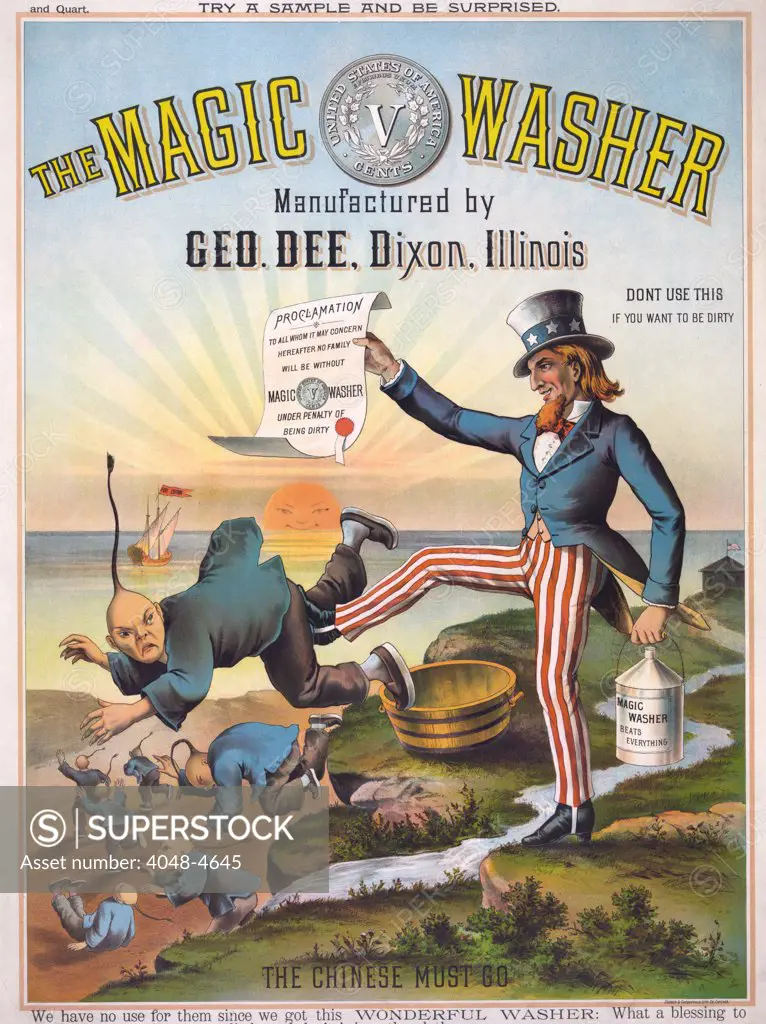 The magic washer. The Chinese must go. Cartoon showing Uncle Sam, with proclamation and can of Magic Washer, kicking Chinese out of the United States. color lithograph, 1886.