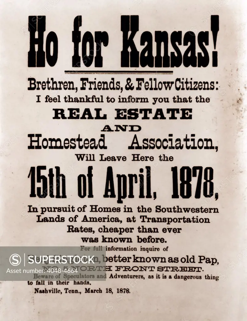Ho for Kansas! A broadside by Benjamin Singleton  calling on African Americans to settle in Kansas. March 18, 1878