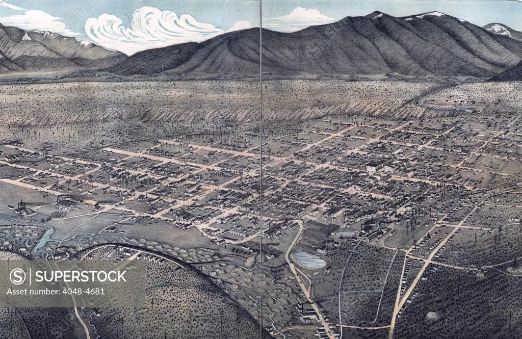 Birds eye view of Leadville, Colorado. Drawn by Augustus Koch. color lithograph, 1879.