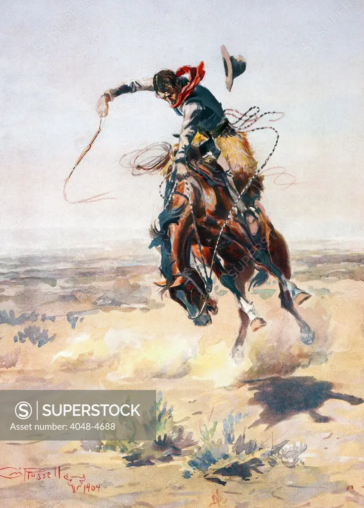 Cowboy on a bucking bronco, 'A Bad Hoss', photomechanical print by Charles M. Russell, 1905