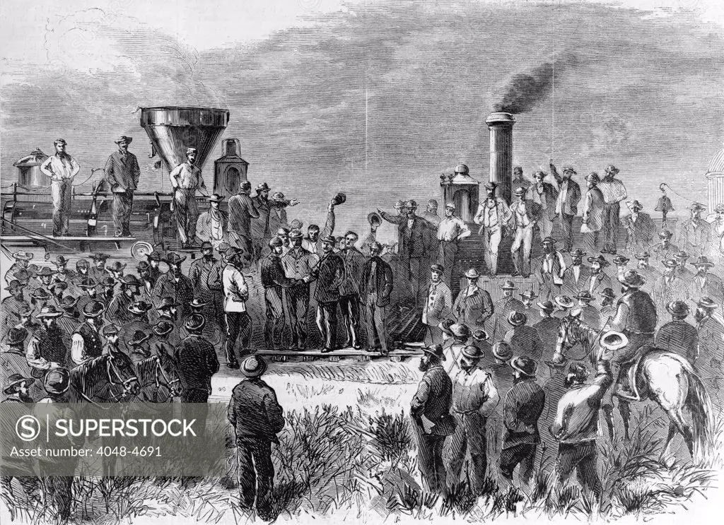 Completion of Pacific Railroad, meeting of locotives of the Union and Pacific lines, the engineers shake hands, wood engraving, 1869