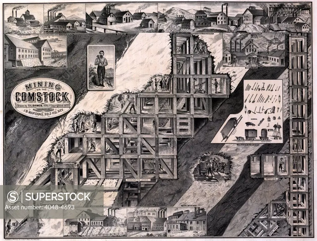 Mining on the Comstock, cutaway of hillside showing tunnels, supports, shafts and miners, as well as exterior views of several mining companies working the Comstock Lode, lithograph by Le Count Bro's, 1876