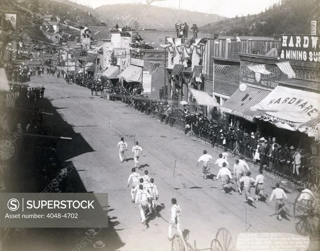 The Race. The great Hub-and-Hub race at Deadwood, between the only two Chinese hose teams in the United States. Deadwood, Dakota Territory. photo by John C. Grabill, July 4th, 1888