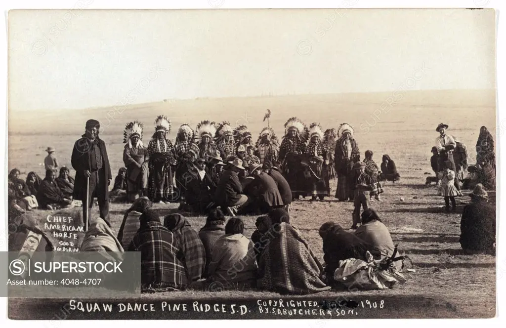 Sioux women with headdresses, Squaw dance Pine Ridge, South Dakota, photograph by S.D. Butcher & Son, May 15, 1908