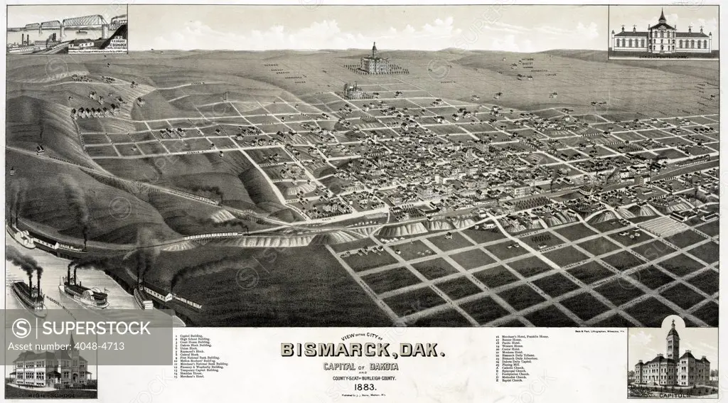 View of the city of Bismarck, North Dakota, capital of North Dakota and county seat of Burleigh County, lithograph, October 31, 1883