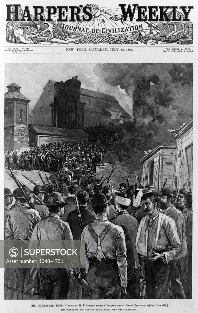 The Homestead riot. The Pinkerton men leaving the barges after the surrender of the strikers. Woodcut, 1892