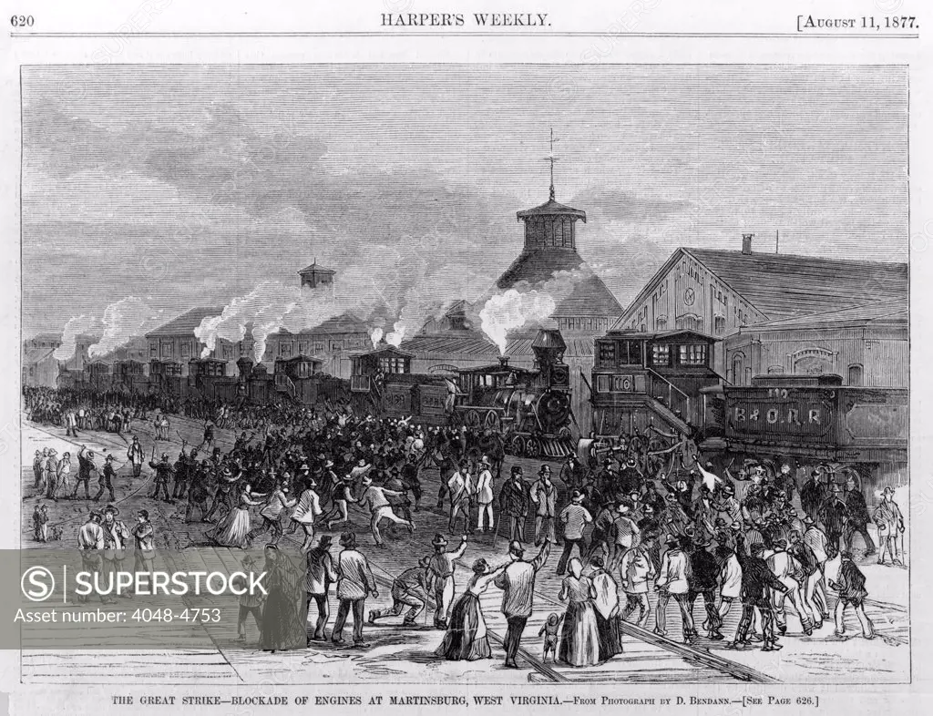 Great Railroad Strike of 1877. Blockade of engines at Martinsburg, West Virginia, 16 July, 1877. Woodcut, 1877
