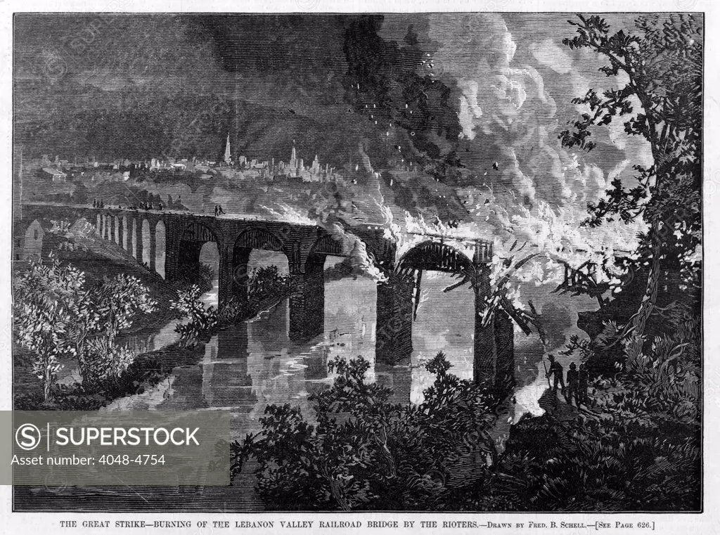 Great Railroad Strike of 1877. Burning of the Lebanon Valley Railroad bridge by the rioters. Pennsylvania, Woodcut, 1877