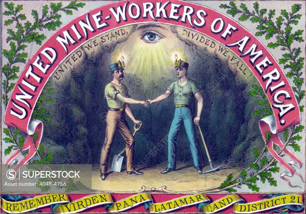 United Mine-Workers of America certificate of membership cartouche. Color lithograph, 1899