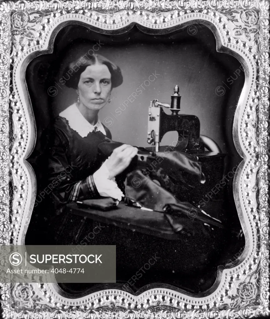 Occupational portrait of a woman working at a sewing machine, sixth-plate daguerreotype, circa 1853.