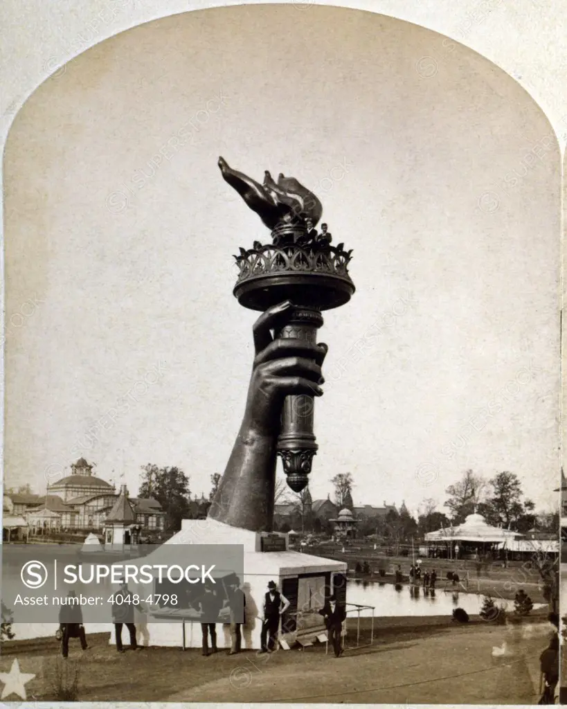 Statue of Liberty. The torch and part of the arm of the Statue of Liberty, on display at the 1876 Centennial Exhibition in Philadelphia. Stereograph ca. 1876