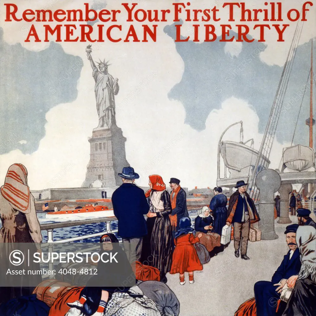 Statue of Liberty.  Poster showing immigrants on a ship's deck, sailing past the Statue of Liberty. color lithograph, 1917