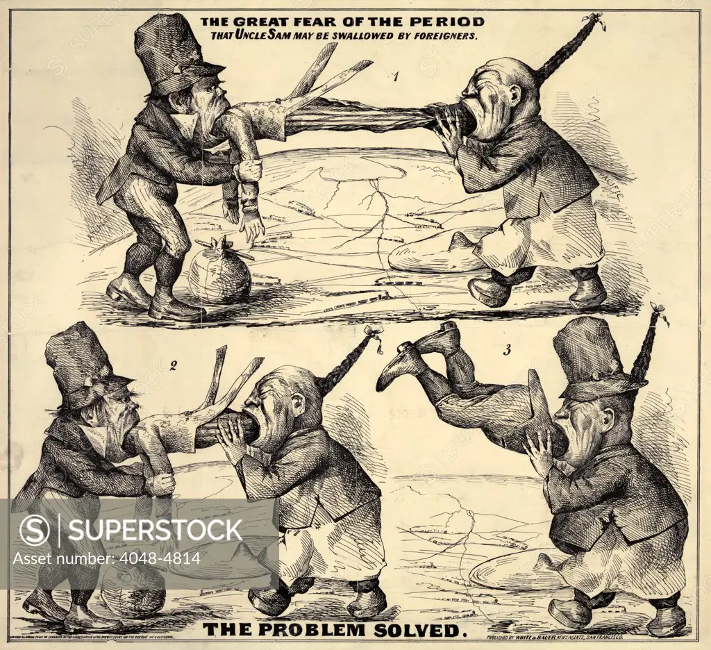 Immigration. 'The great fear of the period That Uncle Sam may be swallowed by foreigners. The Problem Solved'. Cartoon of Chinese and Irish immigrants devouring Uncle Sam. lithograph ca. 1860s