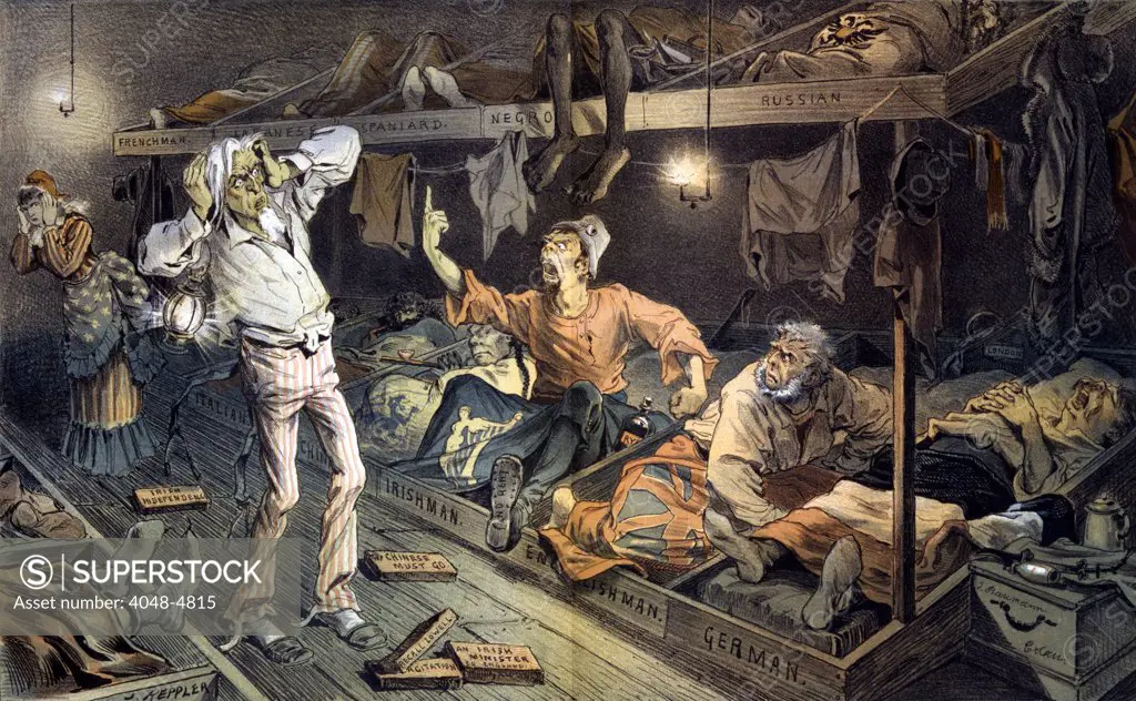 Uncle Sam's lodging-house. Print shows an Irishman berating Uncle Sam in a boarding house filled with laborers, immigrants from several countries who are attempting to sleep. chromolithograph. June, 1882