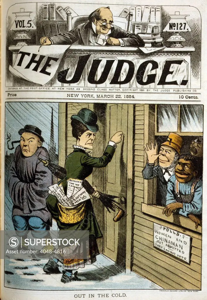Out in the cold. Illustration of a woman and an immigrant Chinese man denied the right to vote; an Irish man and an African American man mock them from the polling place.  chromolithograph, March 1884