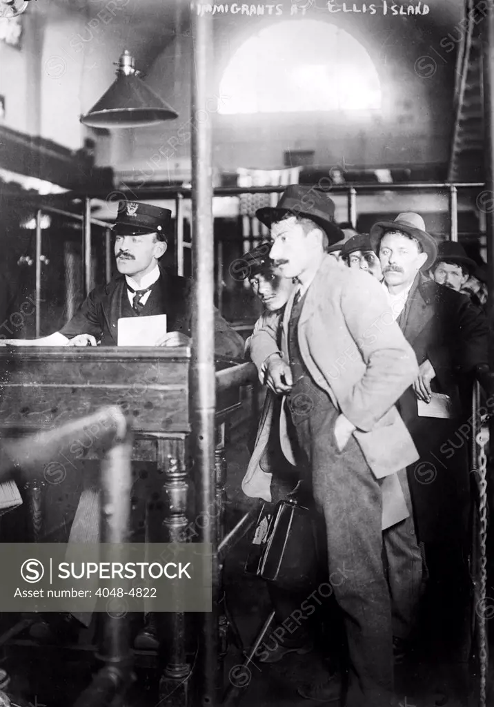 Immigration. Male European immigrants arriving at Ellis Island, ca. 1907