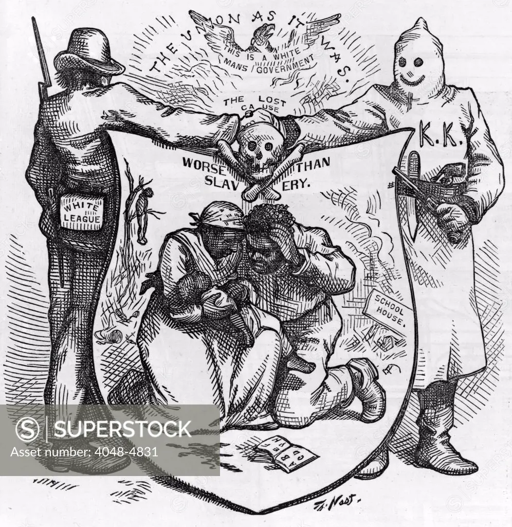 'The Union as it was. The lost cause, worse than slavery'. The White League and the Ku Klux Klan united. Cartoon by THomas Nast, 1874