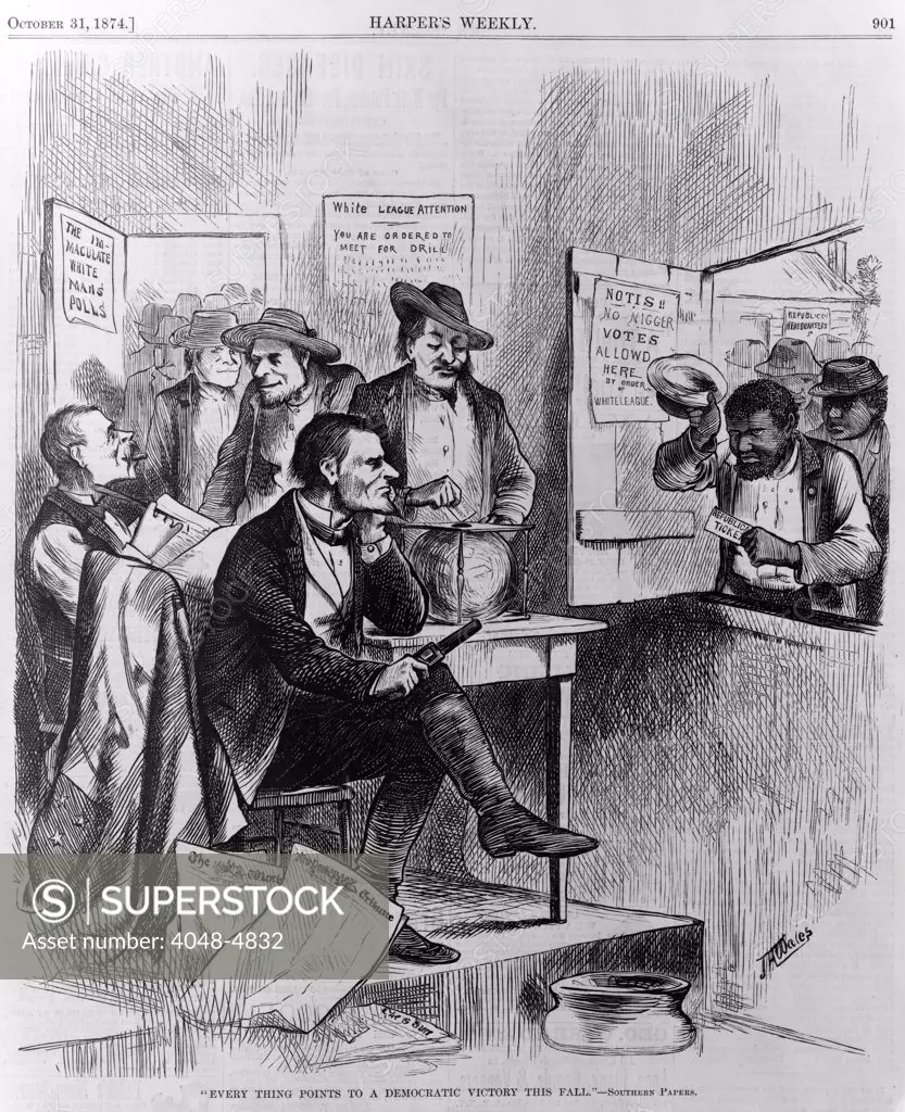 African Americans being discriminated against at the polls by members of the White League. Cartoon, 1874