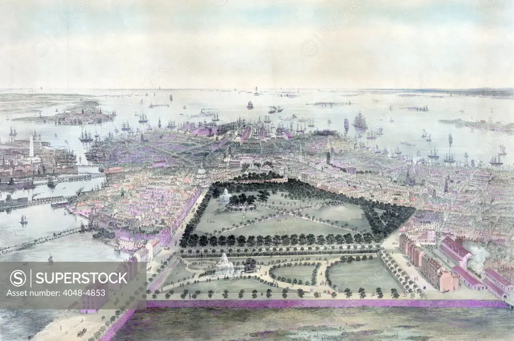 Boston. The City of Boston. color lithograph 1850.