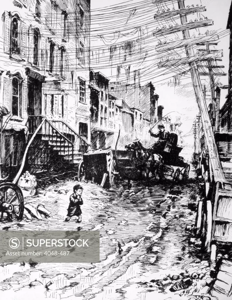 The slums of New York, c. 1880. Cartoon by William Allen Rogers in Harper's Weekly