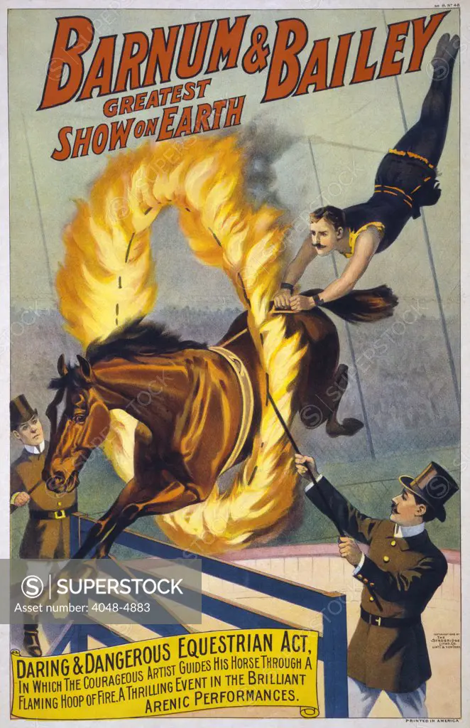 Daring and dangerous equestrian act- a horse jumps through a flaming hoop in the Barnum & Bailey circus. chromolithograph ca. 1900.