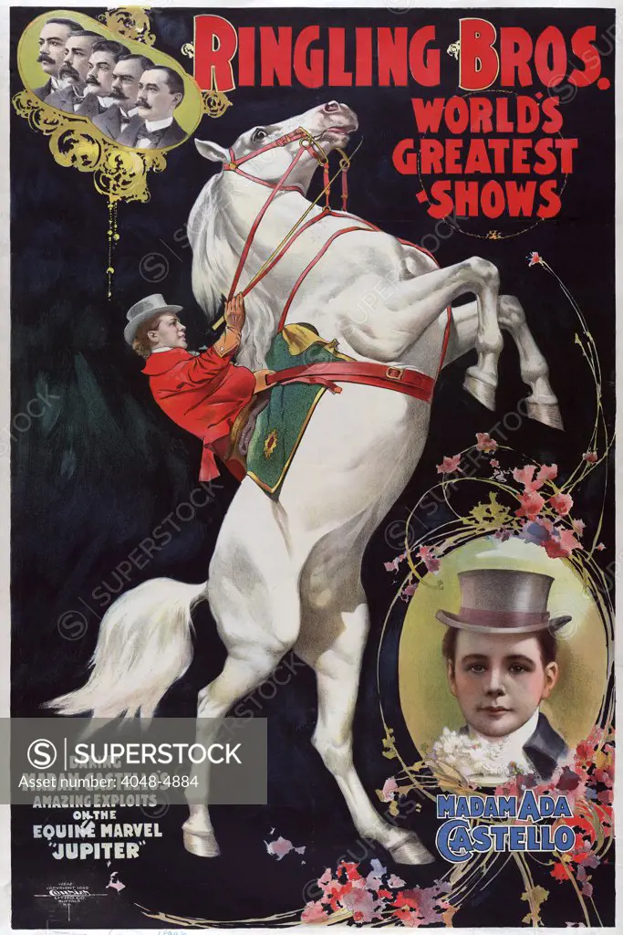 Madam Ada Castello, equestrian performer in the Barnum & Bailey circus. chromolithograph ca. 1900.