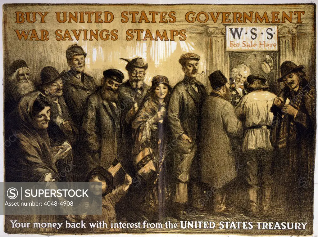 World War I, Poster showing a variety of people lined up at a window tended by Uncle Sam, beneath a sign 'W.S.S. for sale here.' A little girl waves the American flag in the foreground, 1917