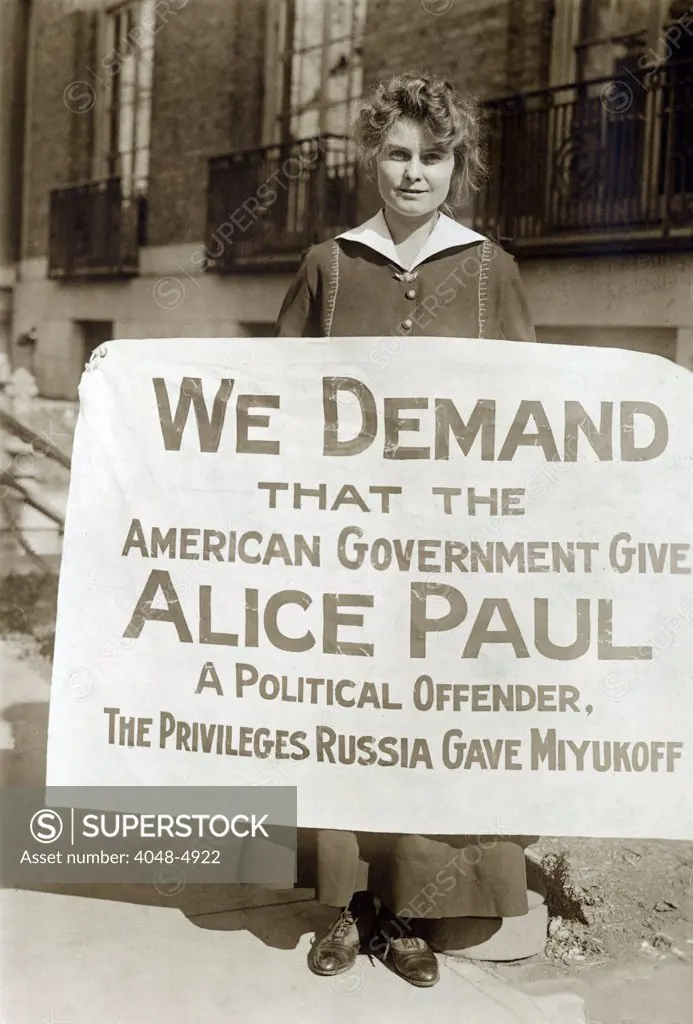 Suffragette Lucy Branham protesting Alice Paul's arrest and incarceration for picketing the WHite House. ca. Oct 1917