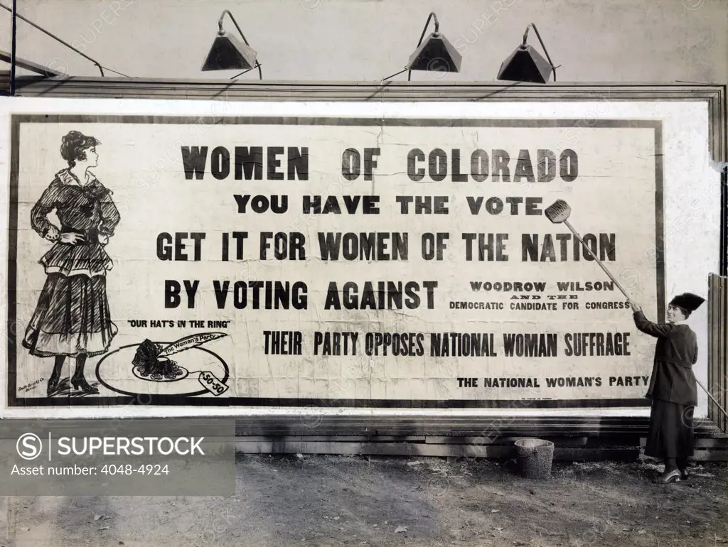 'Women of Colorado, you have the vote' Anti-Wilson billboard urging opposition to the Democratic Party for their oppsition to equality for women. Denver, Colorado 1916