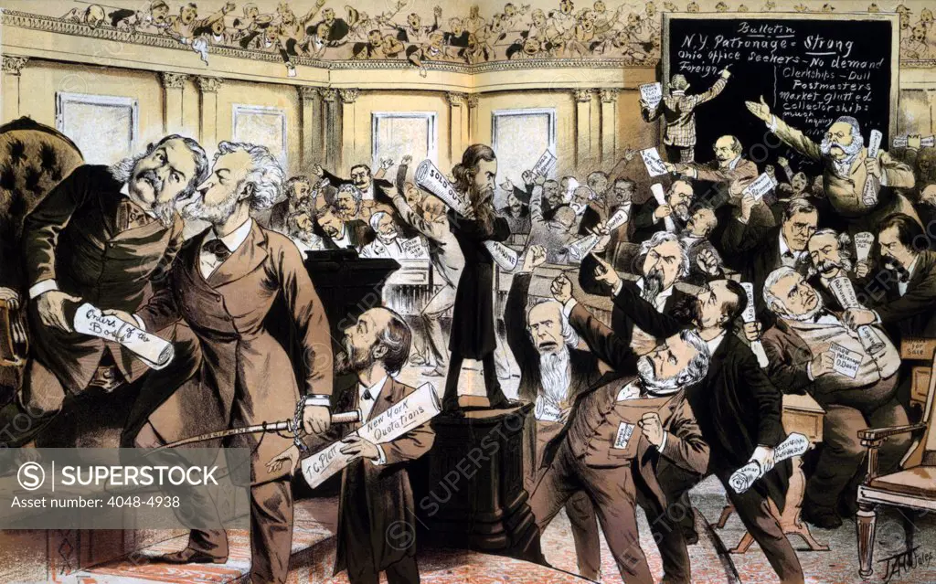'This is not the New York Stock Exchange, it is the patronage exchange, called U.S. Senate'. Print satirizing the machine politics of the Gilded Age. Color lithograph, 1881