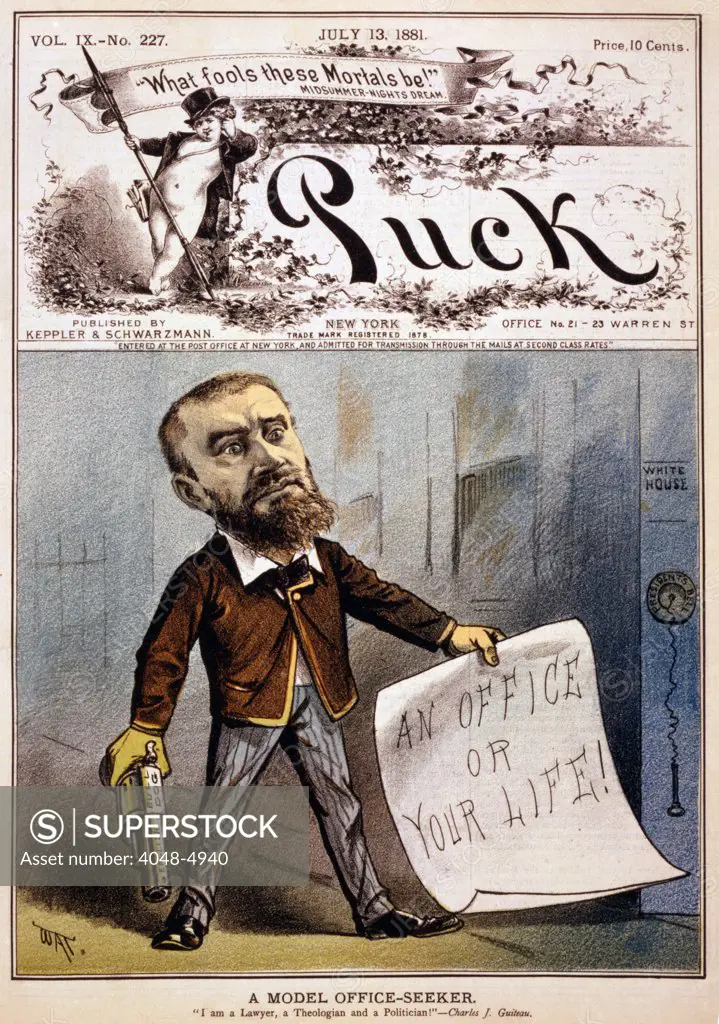 Cartoon showing presidential assassin Charles J. Guiteau holding pistol and paper reading, 'an office or your life!'. Color lithograph, 1881